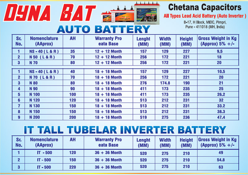 Tall Tubelar Inverter Battery & All Types of Auto Battery